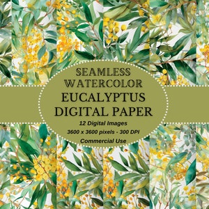 May include: A set of 12 digital papers featuring a seamless watercolour pattern of eucalyptus leaves and yellow flowers. The papers are 3600 x 3600 pixels and 300 DPI. They are for commercial use.