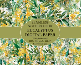 Eucalyptus Watercolor Digital Paper: Seamless Green Scrapbook (JPG Download)