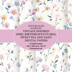 Papéis digitais florais inspirados no mês de aniversário de abril com inspiração vintage - Papéis sem costura Shabby Chic Spring - Download instantâneo de designs de aquarela