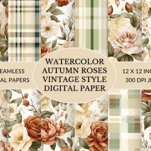 Papéis digitais florais de outono inspirados em aquarela vintage: tons de terra em sálvia, argila e marfim pacote de papel digital - padrões florais de rosa