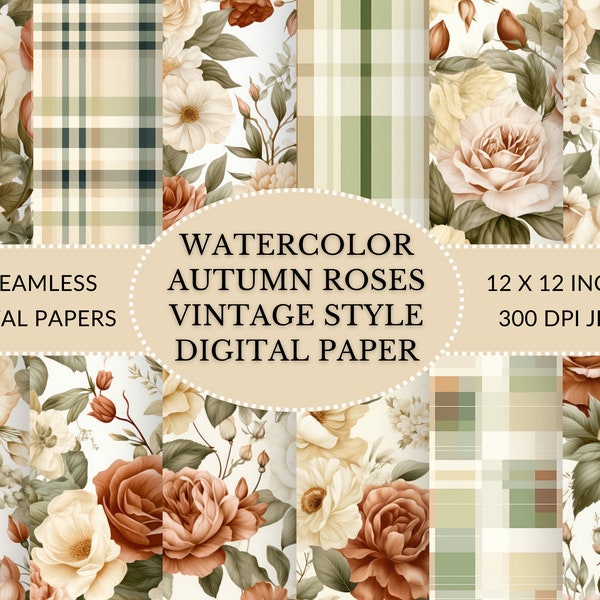 Vintage Watercolor Inspired Autumn Floral Digital Papers: Earth Tones in Sage, Clay and Ivory Digital Paper Pack - Floral Rose Patterns