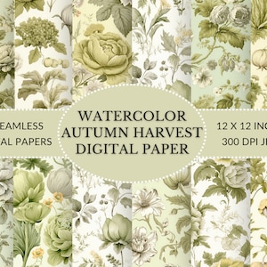 Paquete de papel digital de cosecha de otoño inspirado en acuarela damasco en paleta verde: fondos temáticos de otoño para manualidades y diseño en formato JPEG