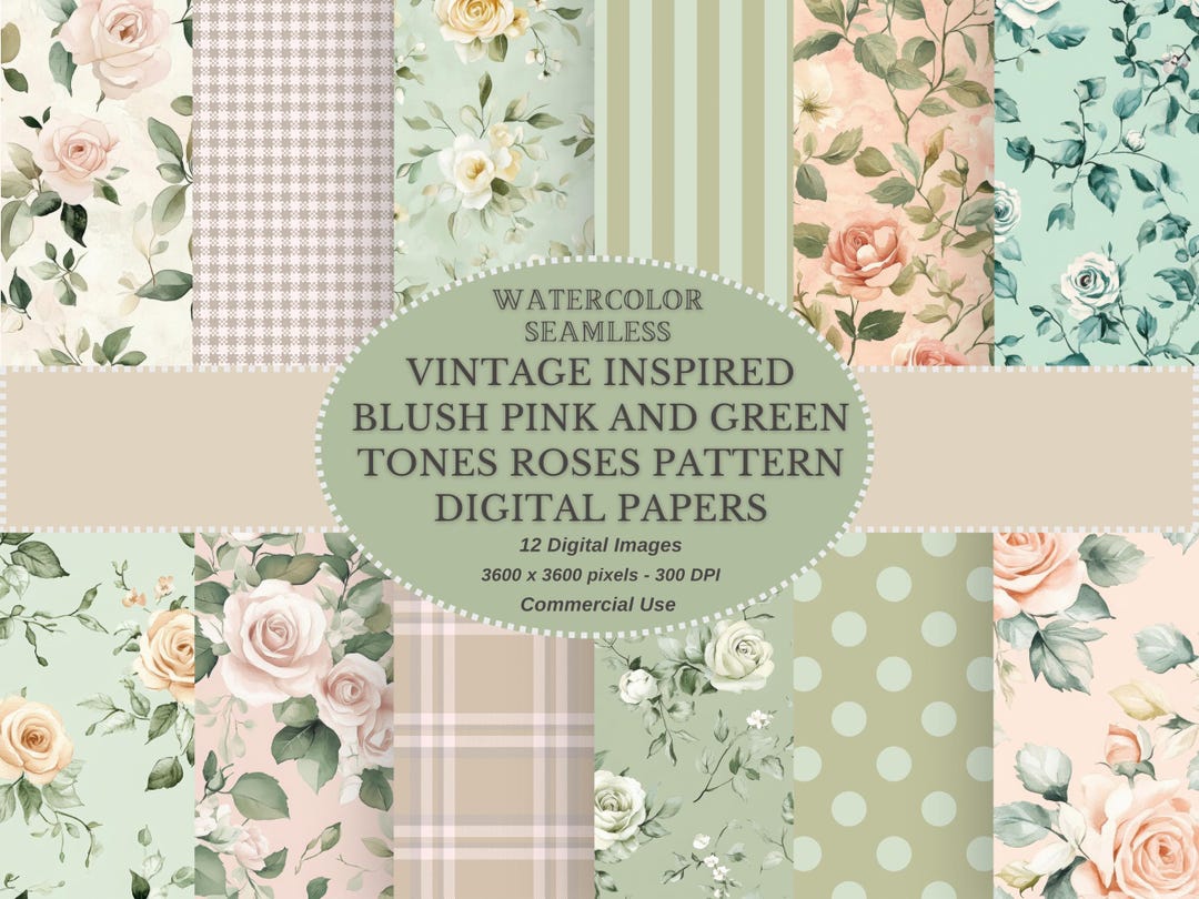 Vintage Rose Digital Paper Pack, Blush Pink Green, Shabby Chic (digital ...