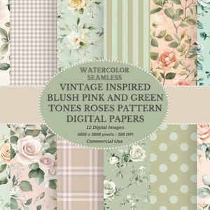 Vintage Inspired blush pink and green rose digital paper, Seamless Shabby Chic Printable Paper Pack, Scrapbook Paper Junk Journal