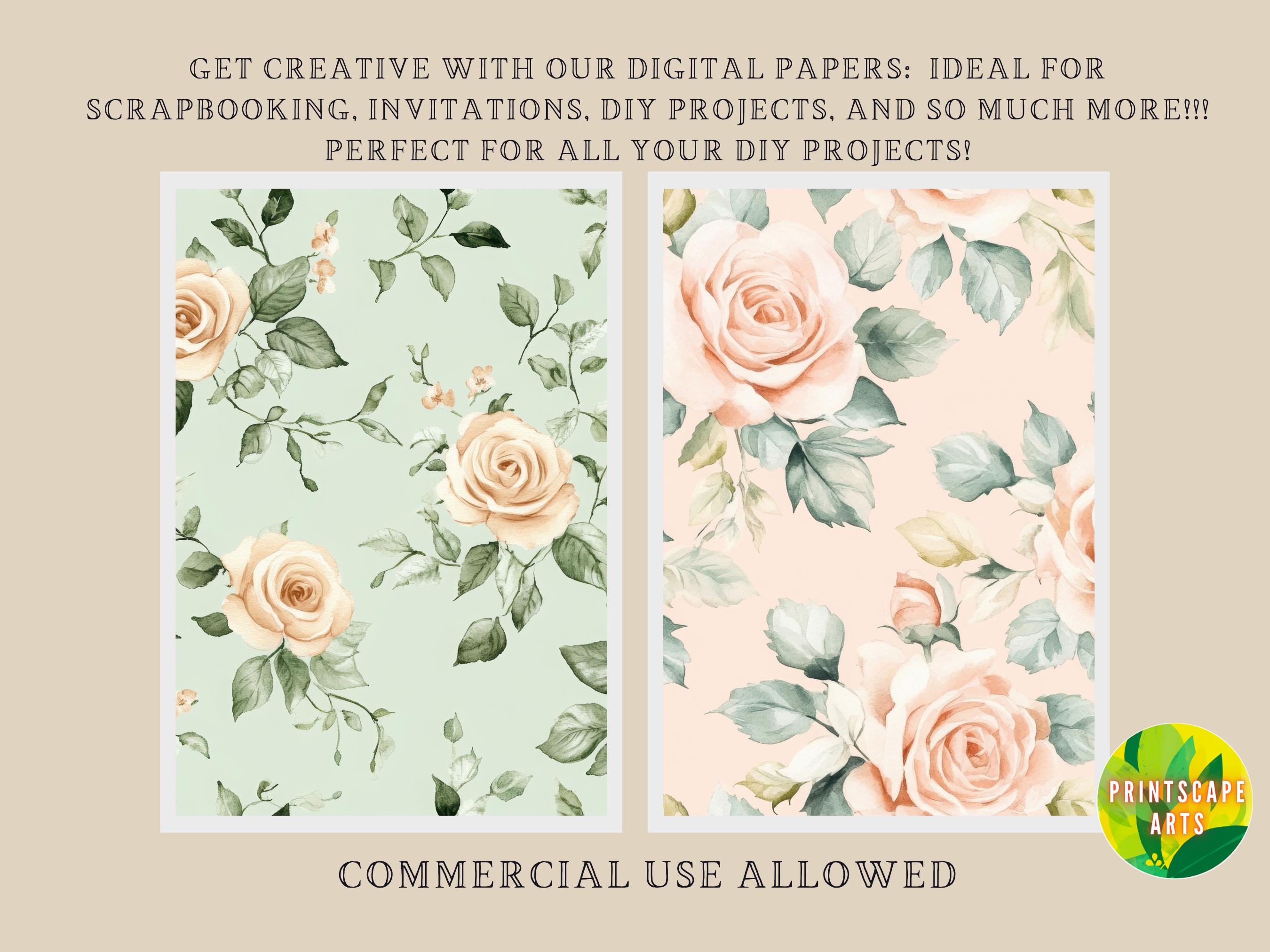 Vintage Rose Digital Paper Pack, Blush Pink Green, Shabby Chic (digital ...