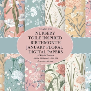 Papel digital floral sem costura inspirado em Toile, mês de nascimento de janeiro - papel de scrapbook para impressão floral Shabby Chic, cravo pastel e floco de neve