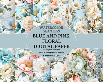 水彩花柄デジタルペーパー：ブルー＆ピンクのヴィンテージパターン（デジタルダウンロード）