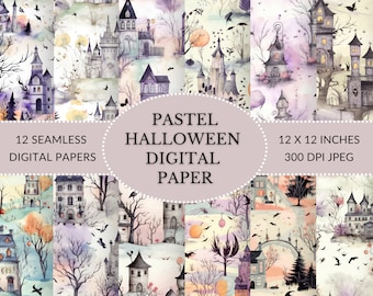 Pastel Halloween Digital Paper: Watercolor Spooky Scenes (JPEG Digital Download)