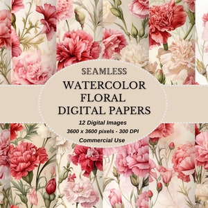 Aquarel bloemen digitale papieren - Vintage Shabby Chic Anjer Design - Januari Florals Perfect voor doe-het-zelfprojecten - Commercieel gebruik toegestaan
