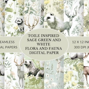 Papel digital Toile Verde Salvia: Fauna Floral, Elegancia Vintage (JPEG)