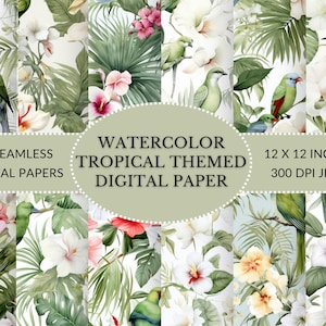 Aquarel tropische Chintz geïnspireerde digitale papierset - levendige bloemen- en vogelpatronen voor doe-het-zelf ambachten voor onmiddellijke download in JPEG-formaat