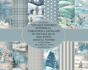 Blue & White Christmas Landscape Digital Paper: Shabby Chic Scrapbook (Digital Download)