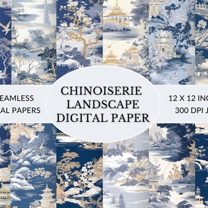 Papel digital Chinoiserie, papel digital oriental, papel chinoiserie paisaje índigo azul y blanco de inspiración francesa para descarga instantánea