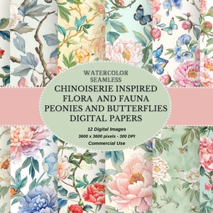 Papel digital inspirado em Chinoiserie com peônias e borboletas em pastel - Papel digital Shabby Chic, papel para scrapbook, papéis de diário indesejados