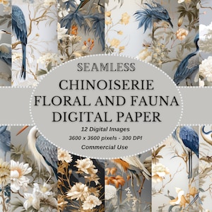 Elegant Chinoiserie digitaal papier geïnspireerd Chinees digitaal papier met kraanvogels en pioenrozen - Perfect voor doe-het-zelf-projecten, commercieel gebruik toegestaan