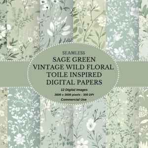 Saliegroen vintage wilde bloemen toile, naadloze digitale download bloemmotief, afdrukbaar digitaal papier in jpeg-indeling voor directe download