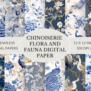 Elegant Chinoiserie digitaal papier met pauw en pioenrozen - Instant Download voor uitnodigingen en briefpapier