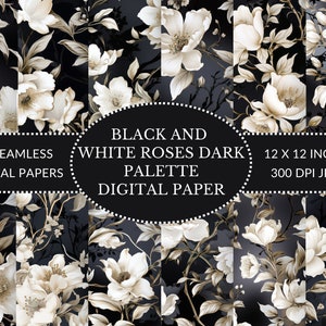 Elegante paquete de papel digital de inspiración vintage de rosas blancas y negras para álbumes de recortes y manualidades
