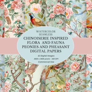 Chinoiserie Geïnspireerd Digitaal Papier met Pioenen en Fazanten in Pastel - Shabby Chic Digitale Download Scrapbook Papier Junk Journal Papers