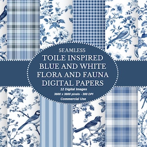 May include: Digital paper pack featuring seamless patterns in blue and white. Designs include floral, bird, and plaid motifs. The text on the image reads "TOILE INSPIRED BLUE AND WHITE FLORA AND FAUNA DIGITAL PAPERS". 12 digital images, 3600 x 3600 pixels.