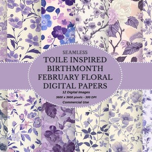 Papel digital floral sem costura inspirado em Toile, mês de aniversário de fevereiro - Papel para scrapbook para impressão floral pastel violeta e prímula Shabby Chic