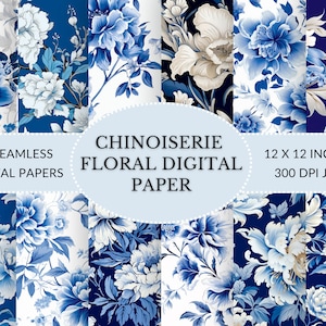 Chinoiserie Digital Paper, Oriental Digital Paper, French inspired Chinoiserie Blue and White Paper for instant download