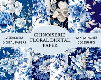 Chinoiserie Floral Digital Paper: Blue & White (Digital Download)
