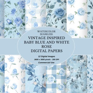Vintage inspirierte Baby blau und weiß vintage rose digitales Papier, Seamless Shabby Chic Floral Digital Papier, Scrapbook Papier Junk Journal