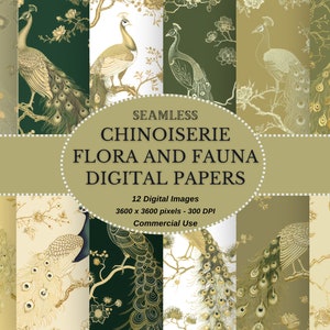 Elegant Chinoiserie digitaal papier met pauw en oosterse flora - Instant Download voor uitnodigingen, briefpapier, doe-het-zelf-projecten en nog veel meer