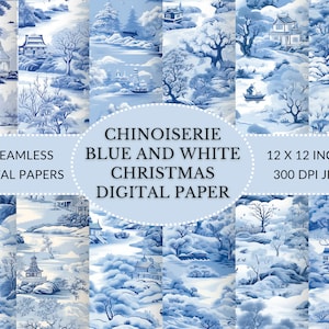 Kerstchinoiserie-wintertaferelen in blauw en wit: prachtige naadloze digitale papierset - downloadbare papieren voor doe-het-zelf-projecten