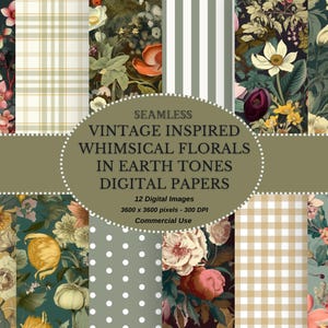 Papeles digitales florales de primavera de inspiración vintage: Papel imprimible shabby chic en tonos tierra de amarillo, marrón y malva para descarga instantánea.