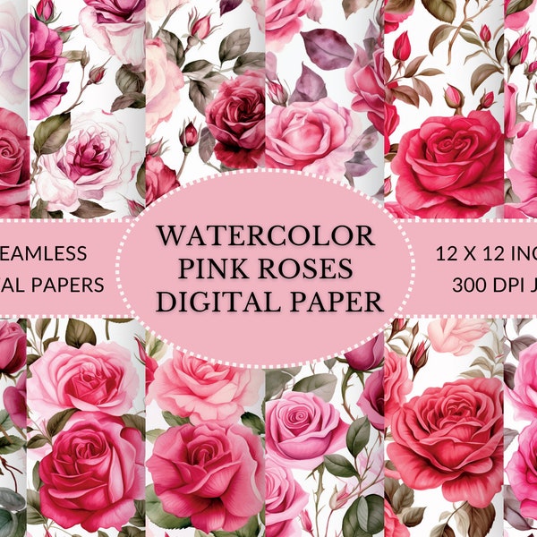 Watercolor pink roses digital paper pack, roses seamless pattern, pink roses scrapbook, pink floral digital paper for instant download
