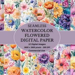 Aquarell nahtlos geblümte Papiere: Digital verzierte Papiere zum sofortigen Download, perfekt für DIY-Projekte und kommerzielle Nutzung