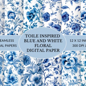 Toile Floral Digital Paper: Blue and White French Design (Digital Download)