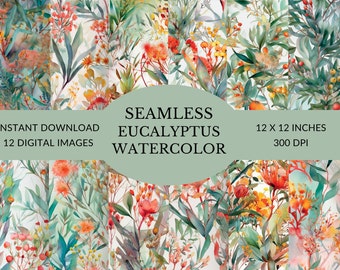 Eucalyptus Watercolor Seamless Paper, Floral Digital Paper (JPG Format)