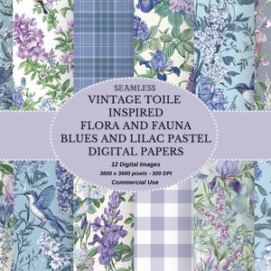Vintage Toile inspiriert Pastell Kindergarten digitale Papiere - Shabby Chic Blau und Flieder Pastell Flora und Fauna druckbares digitales Scrapbook-Papier