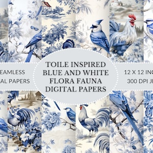 Toile geïnspireerd blauwe en witte bloemen en fauna naadloze digitale download, afdrukbaar digitaal papier in JPEG-formaat voor onmiddellijke download