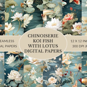 Elegant Chinoiserie digitaal papier met Koi Fish en Lotus - Instant Download voor DIY-uitnodigingen en briefpapier, commercieel gebruik toegestaan