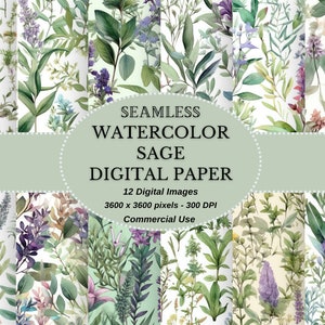 Nahtlose Aquarell-Salbei-Digitalpapier-Sammlung – Vintage-verzierte Papiere, sofortiger Download für DIY-Projekte – kommerzielle Nutzung erlaubt