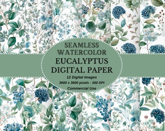 Seamless Eucalyptus Watercolor, Digital paper, Seamless paper for printable scrapbook, Instant download in JPG format 300dpi