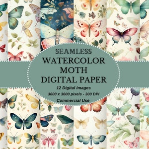 Aquarell Motte Digitales Papier für DIY-Projekte - Vintage-Stil, nahtloser Mottenhintergrund hochwertiger Download, kommerzielle Nutzung