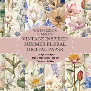 Può includere: Un set di 12 carte digitali con illustrazioni ad acquerello di motivi floreali estivi di ispirazione vintage. Le carte sono senza cuciture e perfette per progetti di artigianato, scrapbooking e design digitale.