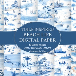 Toile-geïnspireerde strandlevencollecties: hoogwaardige naadloze digitale papierdownload voor doe-het-zelf en commercieel gebruik