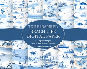 Toile Beach Life Digital Paper: Seamless Scrapbook Patterns (Digital Download)