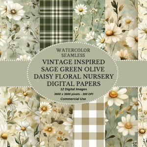 May include: Twelve digital papers featuring a vintage inspired design with sage green, olive green, and white daisy floral patterns. The papers are seamless and perfect for crafting and scrapbooking.