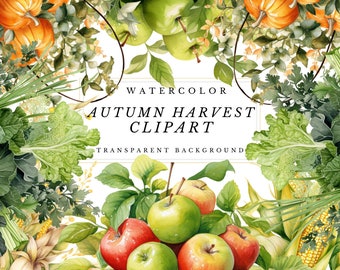Watercolor Autumn Harvest Clipart: Fall PNG Bundle (Digital Download)