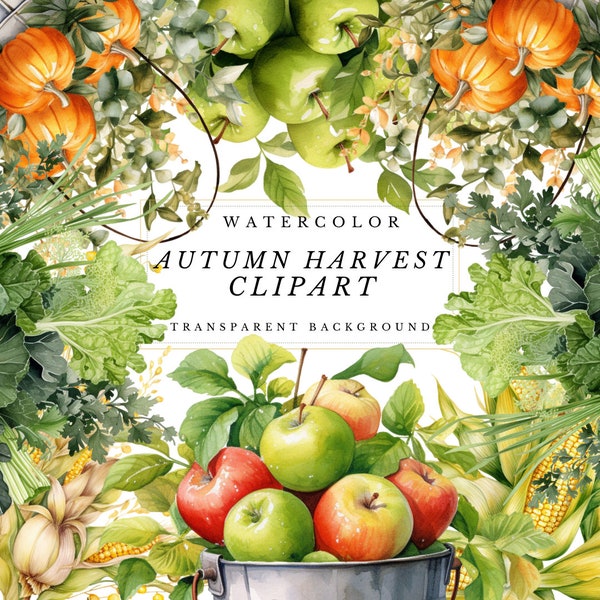 Autumn Harvest Clipart, Fall Watercolor Clipart, Autumn Harvest Clipart Collection, Autumn Harvest Clipart Bundle in PNG format