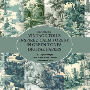 Papel digital con diseño de bosque verde inspirado en toile vintage: arte digital sin costuras en tonos verde bosque tranquilos para descarga instantánea