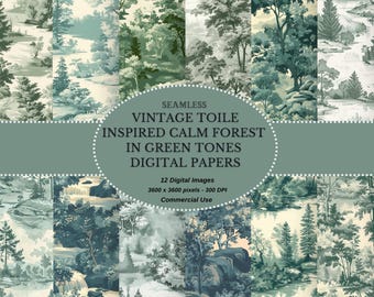 Vintage Toile Forest Digital Paper: Green Tones (Digital Download)