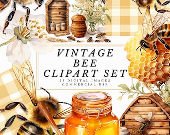 Vintage Bee Clipart Set - Artful Graphics and Honeycomb Designs - Instant Download